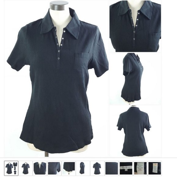 Women Polo Shirt 100% Cotton Ribbed Stretch Black Women Medium AE Sport & Co Top - Picture 1 of 11